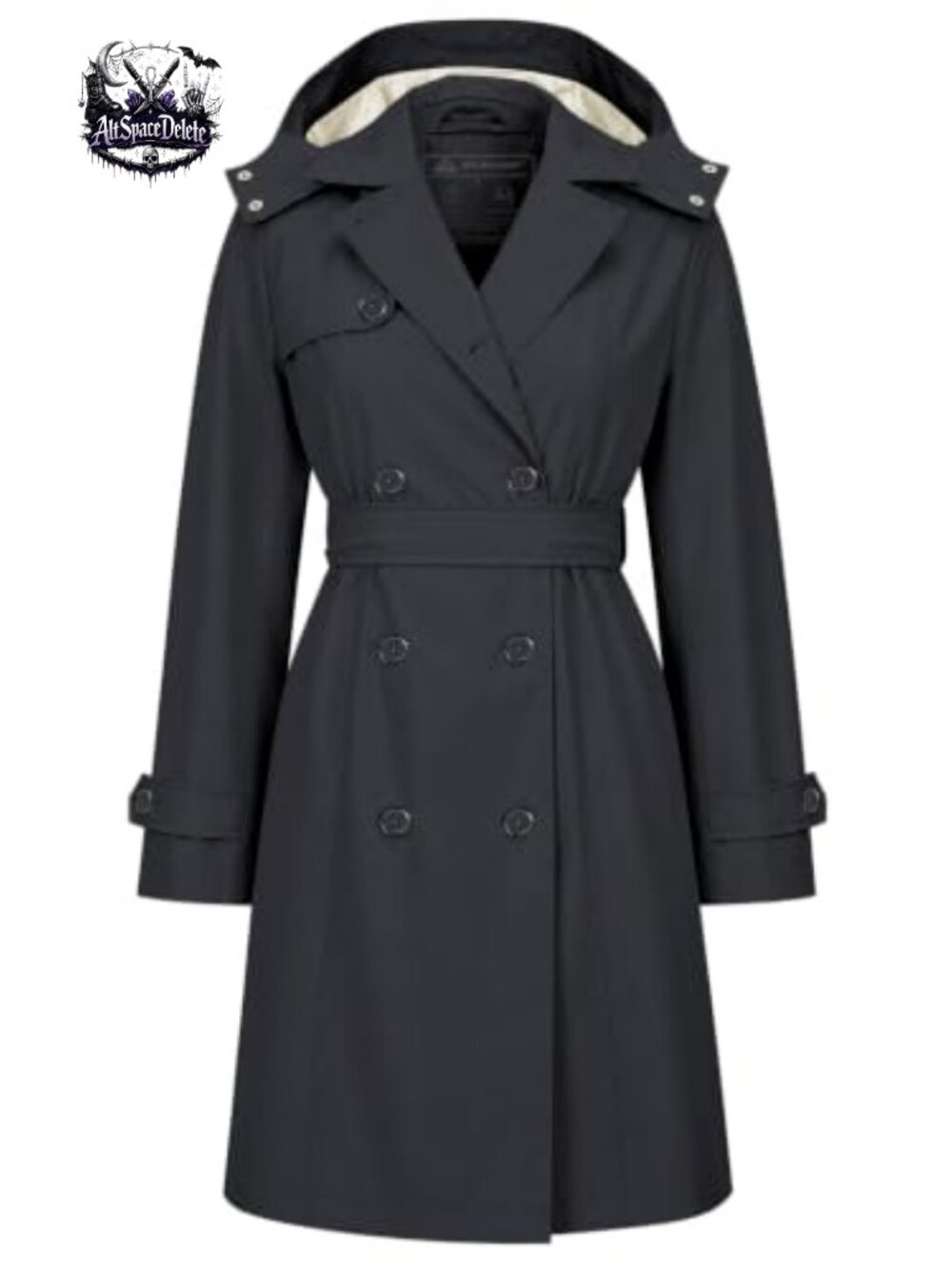Women's Double Breasted Trench Coat Detachable Hood Belted Mid Length